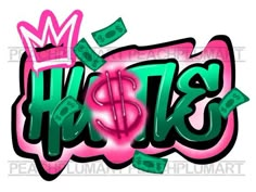 the word htk with money coming out of it's center and surrounded by pink and green spray paint