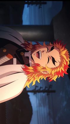 an anime character with long red hair and orange flames on her face, looking up at the sky