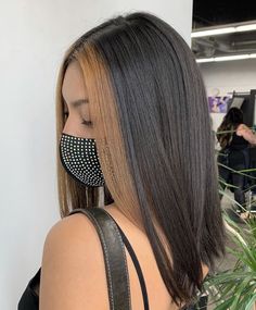 Short Hair With Front Highlights, Front Hair Dyed Streaks Brown, Black Hair With Brown Front Pieces, Front Streaks Of Hair Dyed, Black Hair With Front Highlights, Front Bangs Dyed, Highlighted Hairstyles, Streaks Highlights, Popular Highlights