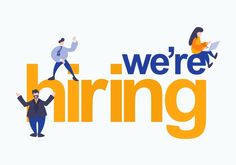 we're hiring logo with people standing on the letters and one person holding a laptop