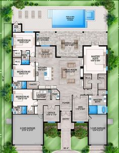 the floor plan for this house is very large and has two pools on each side