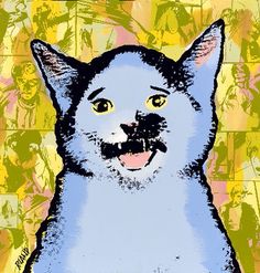 a drawing of a cat with yellow eyes and black nose, on a colorful background