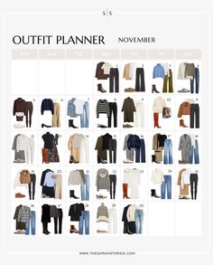 Monthly outfit planner | November | the Sarah Stories November Outfits 2024, November Outfits Fall, Closet Minimalista, Casual Work Outfit Winter, Outfit Calendar, Autumn Color Palette Fashion, Clothes Capsule Wardrobe, Classic Dressing