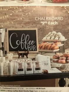 an advertisement for coffee bar with donuts and pastries on the table in front of it