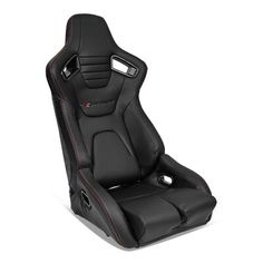 a black and red gaming chair on a white background, with the seat facing forward