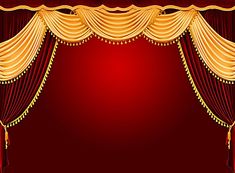 a red and gold stage curtain with beaded trim on it's sides, in front of a black background