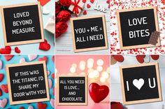 valentine's day greeting cards with hearts and chocolates on the table, including roses