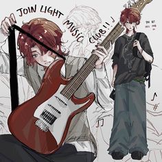 an anime character holding a guitar in front of another character with music notes on the wall behind him