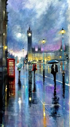 a painting of people walking in the rain with umbrellas near big ben, london