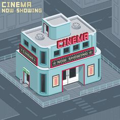 an aerial view of a building with the words cinema on it's front and side