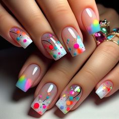 Nagel Tips, Nail Art Set, Dots Nails, Neon Nails, Funky Nails, Fancy Nails, Short Acrylic Nails, Acrylic Nail Designs