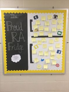 a bulletin board with post - it notes on it and the words proud raa friday written on it