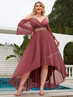 Plus Appliques Cold Shoulder High Low Hem Chiffon Bridesmaid Dress | SHEIN USA Bridesmaid Dresses 3/4 Sleeve, Beach Semi Formal Wedding Guest, Plus Size Guest Wedding Dresses, Formal Wedding Guest Dress Fall, Wedding Guest Outfit Plus Size, Homecoming Dresses Plus Size, Wedding Guest Dress Plus Size, A Line Bridesmaid Dresses, Plus Size Wedding Guest Outfit