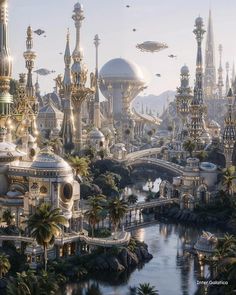 a futuristic city surrounded by palm trees and flying saucers in the sky over a body of water