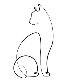 a black and white drawing of a cat sitting on the ground with its tail curled up