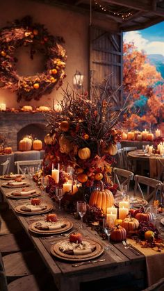 a dining room table is set with pumpkins and candles for an autumn themed dinner