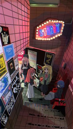 two anime characters standing in front of a neon sign that says starry on it