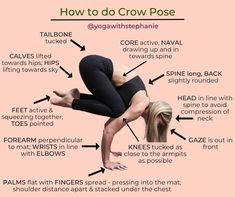 a woman doing yoga poses with the words how to do crow pose in front of her