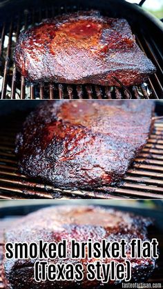 two pictures of steaks cooking on a grill with the words smoked brisket flat, texas style