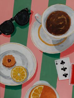 a painting of two cups of coffee and orange slices on a table with playing cards