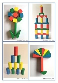 four pictures of different shapes and sizes of wooden toys in various stages of construction, including a toy windmill