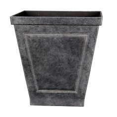 a gray planter with a square design on the front and bottom, sitting against a white background