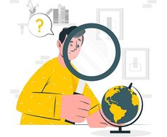 a man looking through a magnifying glass at a globe with a question bubble above it