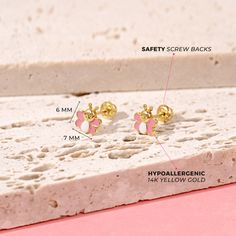 A beautiful pair of unique butterfly earrings that was specially crafted with your little girls style and comfort in mind. Made from 14k yellow gold and with sweet pink and white enamel details, this delicate pair of earrings are ideal for a toddler girl. These screw back earrings for toddlers make a thoughtful gift for birthdays or any other special occasion. These earrings also features safety screw backs, making them suitable for children with sensitive skin. Gift box included. Age Group: Lov Mens Gold Band, Unique Butterfly, Medical Jewelry, Kids Rings, Silver Pearl Necklace, Thread Earrings, Bee Earrings, Kids Earrings, Natural Stone Jewelry