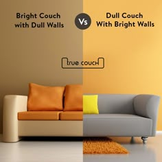 two couches side by side in front of a wall with yellow and orange pillows