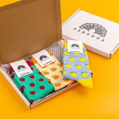 "Looking for a fun and colourful set of socks to add some fun to your sock drawer or as a great unique and luxurious gift for him? Then look no further because our \"Fabulously Fruity\" socks are perfect for just that! Bold colours, deliciously good designs and ultimate comfort - what more do you need?!  All of our socks are made from Egyptian cotton, which is extremely soft and luxurious - so soft it feels like you are walking on a cloud! Egyptian cotton socks have longer fibres than regular cotton socks, meaning that they are softer, more durable and kinder to your skin than regular cotton socks. The longer fibres also mean that our socks do not soak up moisture, so they will leave your feet feeling cool - seriously, what's not to love about these luxury socks?! We design all of our patt Sock Gift, Luxury Socks, Funky Socks, Sock Drawer, Sock Game, Colorful Fruit, Cozy Socks, Fruit Pattern, Patterned Socks