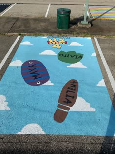 Parking spot painted bright blue background with white clouds from the movie Toy Story. Three footprints, Woody’s, Buzz Lightyear’s, and Rex’s with names “Amelia”, “Maya”, and “Olivia” painted on. “HS Story” in the design of the Toy Story logo. Toy Story Senior Parking Spots, Toy Story Parking Spot Painting, Senior Car Parking Spots, Senior Tiles, Senior Year Parking Spot Ideas, Senior Diy, Senior Spots