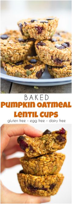 baked pumpkin oatmeal lentil cups are stacked on top of each other