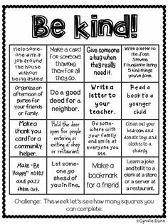 a printable be kind game with words and pictures on the front, in black and white