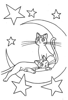 a black and white drawing of two cats sitting on the moon with stars in the background