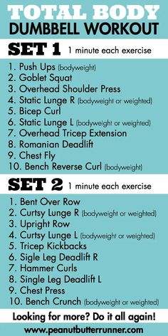 the total body dumbbell workout set is shown with instructions for each type of exercise