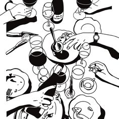 A high contrast black and white illustration depicting a table setting with lots of wine glasses and plates. Arms reach in to the frame to show guests reaching for wine and utensils Black And White Food Illustration, Dinner Illustration Table, Food Table Illustration, Bar Illustration Art, Tablescape Illustration, Dinner Table Illustration, Cheers Illustration, Eating Illustration, Dinner Illustration