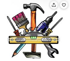 various tools are grouped together in the shape of a pencil and wrench on top of a ruler