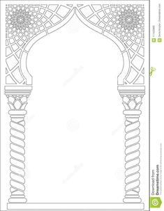 an arabic style arch with flowers on the top and bottom, in black and white