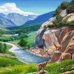 a painting of two deer standing on the edge of a cliff overlooking a river and mountains