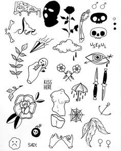 black and white drawing of various tattoos on a piece of paper with writing underneath it