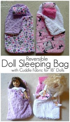 Free Pattern for making a super cozy Reversible Doll Sleeping Bag. I want one for myself!! American Girl Doll Patterns, American Girl Doll Clothes Patterns, Sewing Doll Clothes, American Doll Clothes, Bag Sewing, Baby Doll Clothes, American Girl Clothes, Barbie Diy