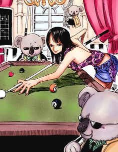 a woman is playing pool with two koalas and other animals in the background