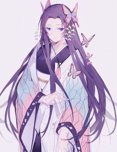 an anime character with long hair and butterfly decorations on her head, wearing a kimono