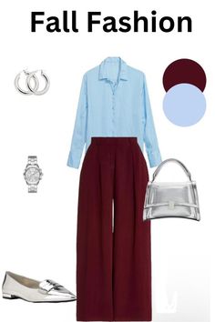 Embrace the rich tones of fall with burgundy loose pants paired with an ice blue top. Complemented by sleek silver loafers and a matching silver bag, this outfit highlights the season's burgundy trend while adding a touch of cool elegance. Perfect for those looking to make a stylish statement this fall. #BurgundyTrend #FallFashion #ColorBlockStyle #ChicOutfits #FashionInspo #PinterestStyle #FallWardrobe #TrendyLooks Pants: https://amzn.to/4cOelbm Burgundy And Blue Outfit, Korean Trousers, Wine Outfit, Silver Loafers, Loose Fit Trousers