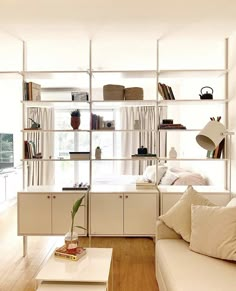 a living room filled with furniture and bookshelves next to a white couch in front of a window