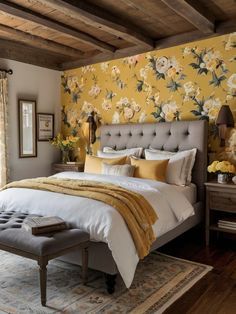 a bedroom with yellow floral wallpaper and white bedding, along with an ottoman