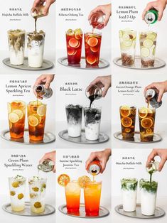 the different types of drinks being poured into glasses on a platter with names below