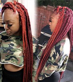 Black Red And Blonde Box Braids, Black To Red Box Braids, Box Braids With Red Highlights, Red Black And Blonde Braids, 4 Braid Hairstyles, Black And Red Box Braids With Curls, African Hairstyles For Women, Butterfly Hairstyles, Braided Hairstyles Black