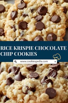 rice krispie chocolate chip cookies are stacked on top of each other with the words rice krispies chocolate chip cookies