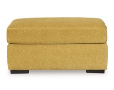 a yellow ottoman with black legs on a white background